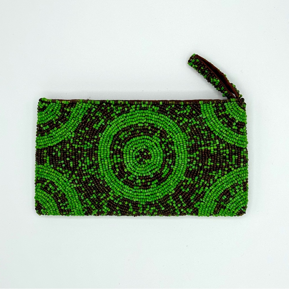 Seed Beaded Zippered Clutch Wallet NEW Never Used Green & Brown 7” x 4”